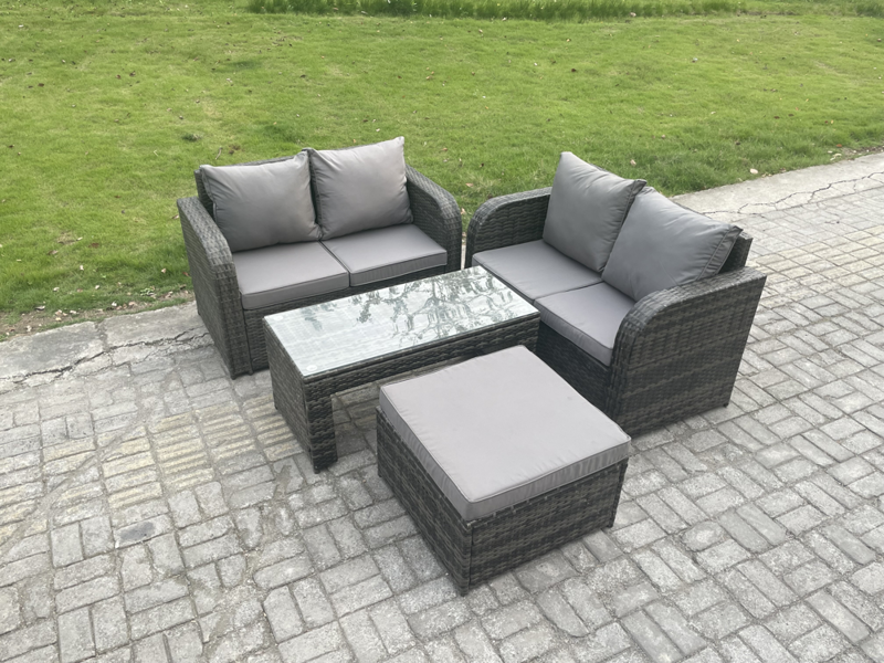 Fimous High Back Rattan Garden Furniture Set with Loveseat Sofa Rectangular Coffee Table Big Footstool Indoor Outdoor Patio Lounge Sofa Set