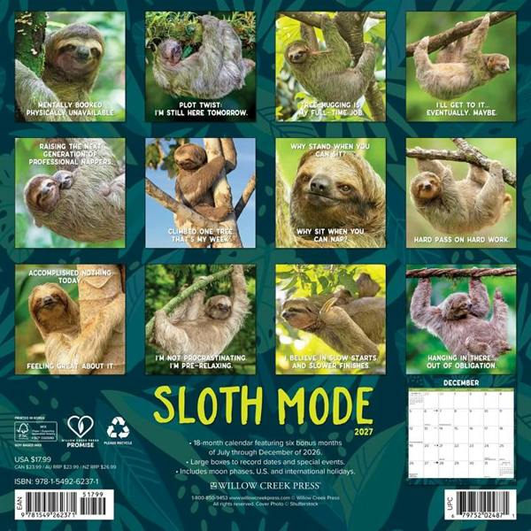 Sloth Mode Calendar 2027, Wall Calendars, Month To View, Animals, Gift