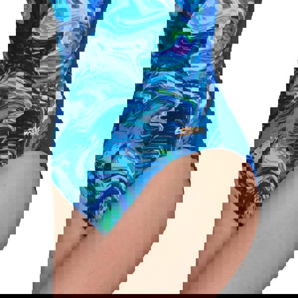 Zoggs Spatial Speedback swimsuit in blue green marble print
