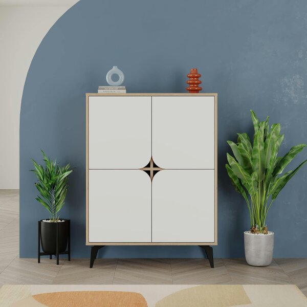Decortie Modern Spark Cabinet 4-Doors Storage Engineered Wood Display Unit with Black Metal Legs 90(W)cm Oak