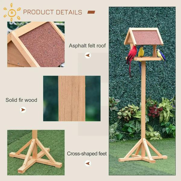 Wooden bird feeder table details showing felt roof, solid frame, and cross-shaped feet
