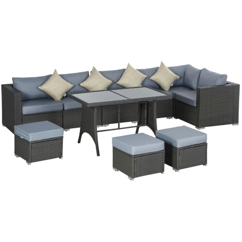 Wyld Haus Vihatta Rattan Grey And Dusty Blue 9 Seater Outdoor Corner Dining Sofa Set