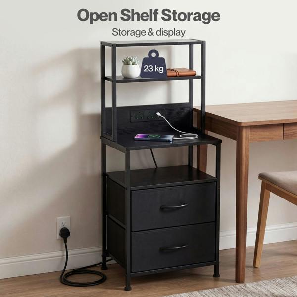 Levede Bedside Table with Charging Station LED Light 2 Drawers Storage Black