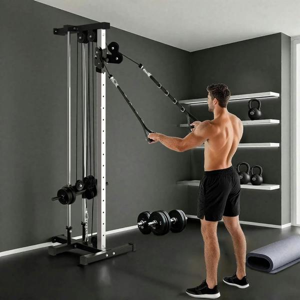 Wall-mounted cable crossover machine with rope attachment and dual pulley cables