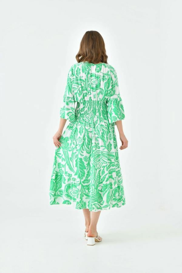 Hoxton Gal Oversized Flutter Sleeves Shirred Waist V Neck Midi Dress with Floral Print in Green and White