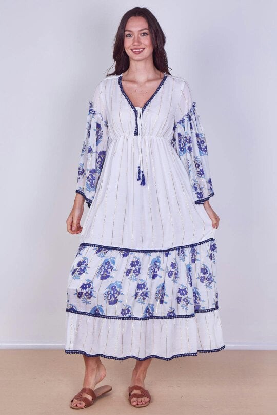 Bohemian Tiered Maxi Dress – Flowy Viscose Elegance - Blue - Onesize (8-14)