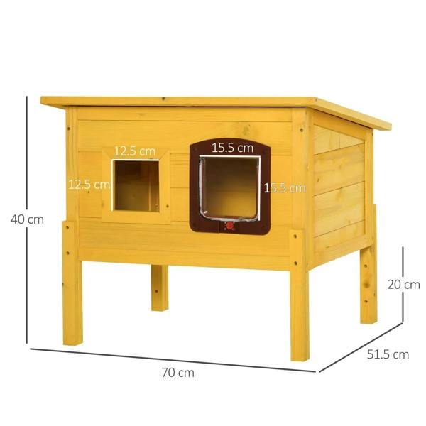 Yellow wooden cat house with door and window, 70 x 40 cm size
