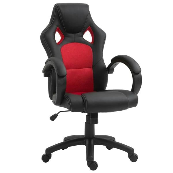 Black swivel office chair with red padded seat and lumbar back, cushioned armrests, wheels