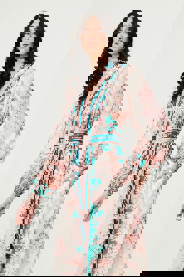 Green | Border Print V-Neck Buttoned Maxi Dress