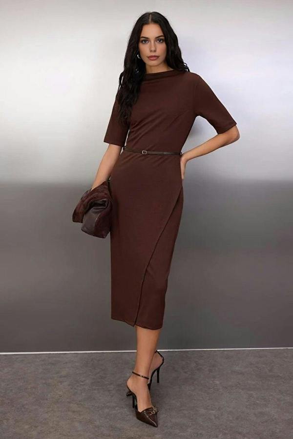 WOVCOR Midi Belted Truvakar Sleeve Knitted Dress