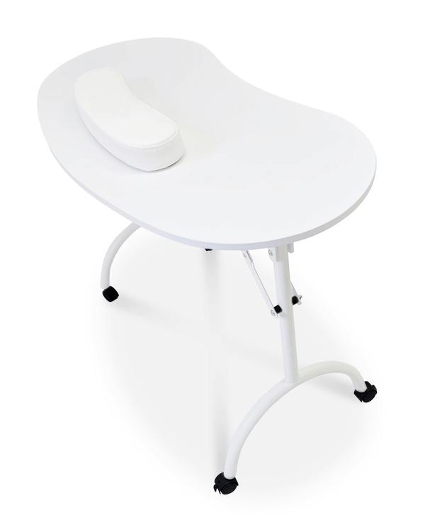 The Rio Professional Manicure & Nail Beauticians Table is a white, kidney-shaped table with a matching crescent headrest and curved metal legs on wheels—perfect for any nail salon or professional setting.