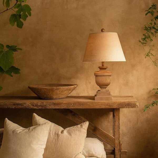 Wyld Haus Bormes Wooden Pedestal Table Lamp With Cream Linen Shade