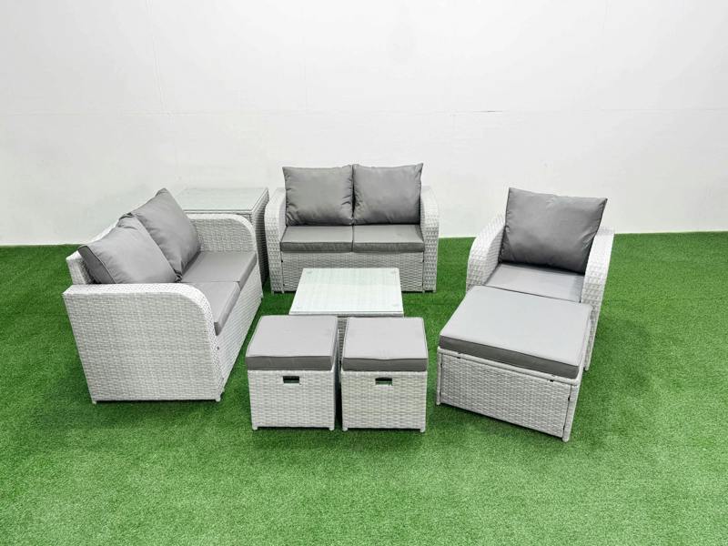 Fimous 3 Stools Garden Furniture Set, High Back Poly, Reclining Loveseat, Square Coffee Table, Indoor Outdoor and Side Table, Light Grey