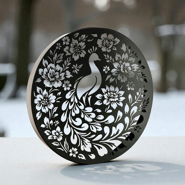 EDH Door Hardware Round Solar Wall Panel with Peacock Outdoor Metal Wall Art with LED Light Weatherproof Garden & Patio Décor | Circular Peacock Panel