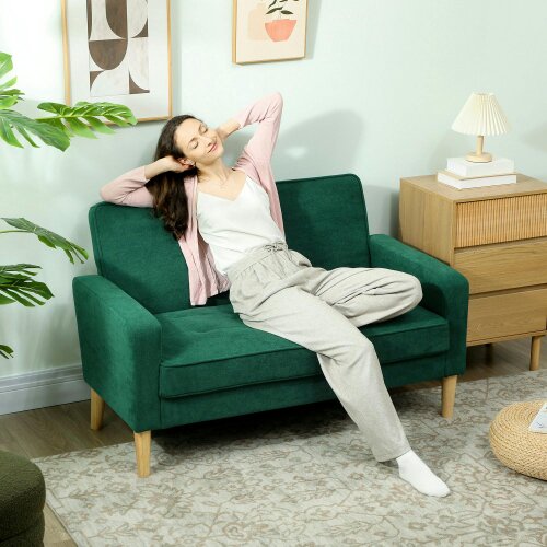 Wyld Haus Neraro Forest Green Velvet Upholstered 2 Seater Sofa Natural Wooden Legs