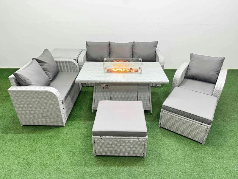 Fimous 8 Seater PE Rattan Garden Furniture Set, Firepit Table, Reclining Chair, Loveseat, 3 Seater Sofa, 2 Big Footstools, Side Table, Light Grey