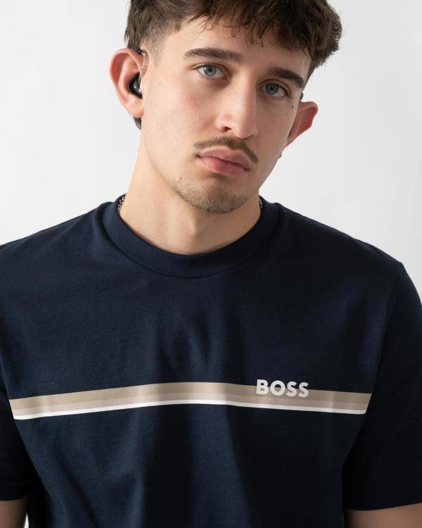 close up shot of a model wearing a BOSS Orange Authentic Mens Loungewear T-Shirt in Dark Blue 405