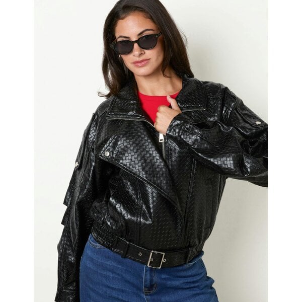 Blue Vanilla Textured Pu Biker Jacket