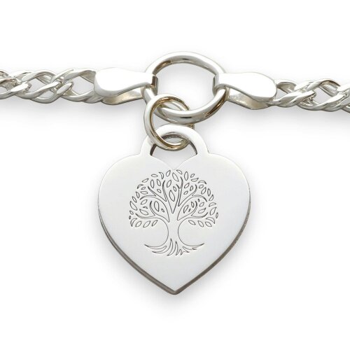 Christopher James of London Sterling Silver Personalised Tree of Life Heart Charm Double Curb Bracelet