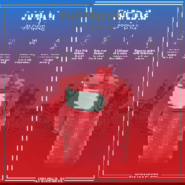 A red, slim stainless steel water bottle with a 240° flip lid is shown; the lid folds back, allowing for easy drinking on the go. The background features blurred images of American football players. The bottle is embossed with "ATLANTA RISE UP" repeatedly.