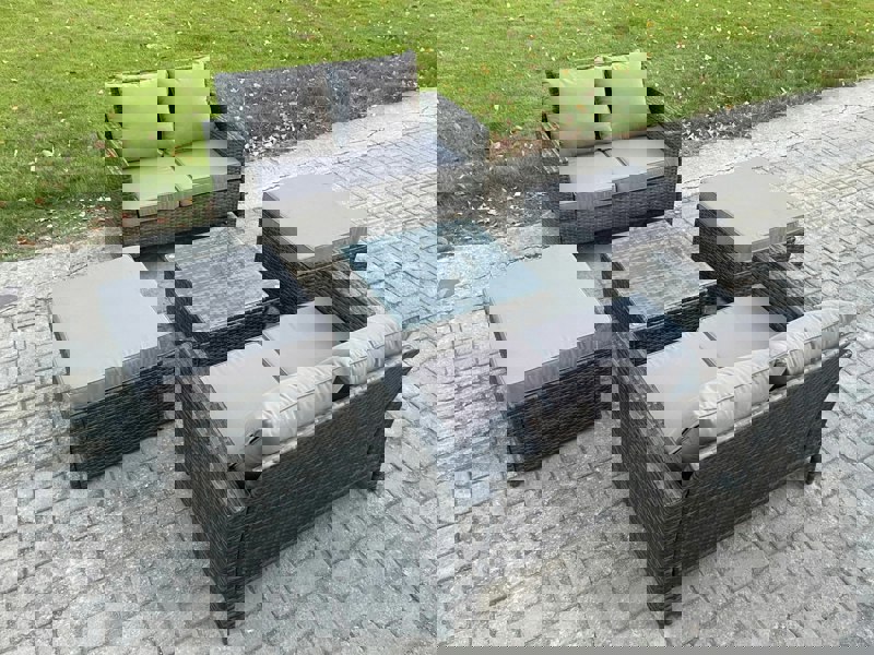 Fimous Rattan Garden Furniture Set 5 piece Patio Rattan Furniture Sofa Weaving Wicker includes 2 Double Seat Sofa, Coffee Table and 2 Big Footstool