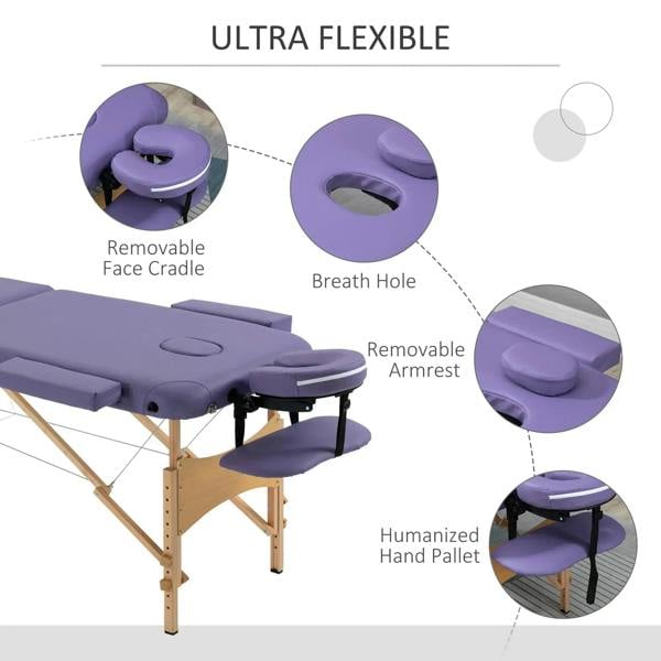 Purple massage bed with removable face hole pillow and removable armrest pad, wooden legs