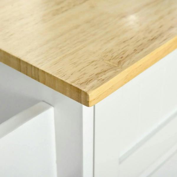 Light wood tabletop edge with white cabinet side panel on a kitchen island cart