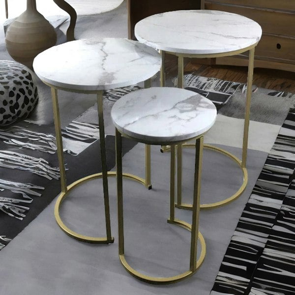 Rafaelo Mobilia Set Of 3 Gold Nesting Tables With Faux Marble Top