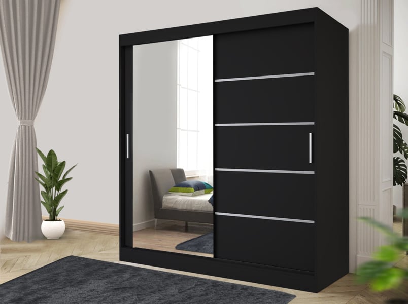 RAC3 Stylish Bedroom Sliding Wardrobe  -  comes in White/Grey/Black/Oak and Width 150cm/180cm/203cm/250cm (Black, 150cm)
