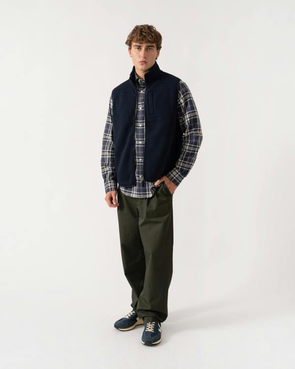 Outfit shot of GANT Mens Zipped Fleece Vest - 433 Evening Blue