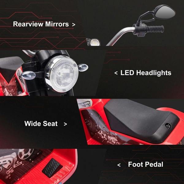 Red three-wheel kids electric motorbike front with LED headlights, mirrors, and foot pedal