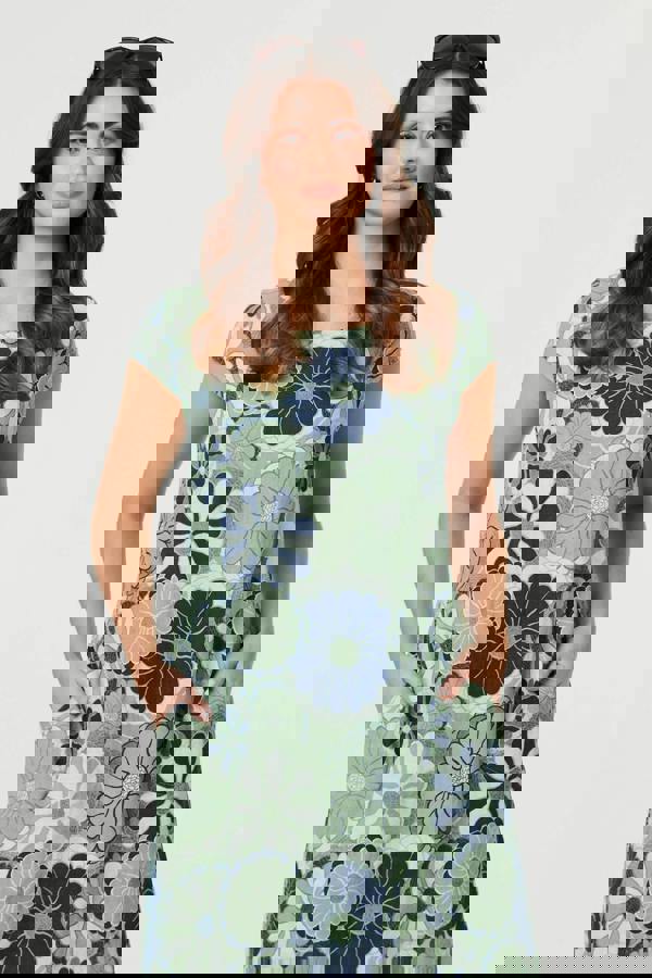 Green | Floral Cap Sleeve Shift Short Dress