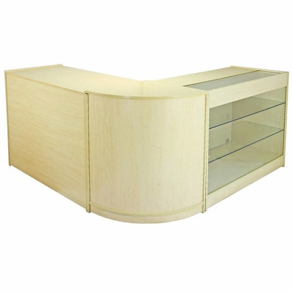 Saturn Maple Shop Counter & Retail Display Set in light maple finish, featuring a curved design, glass display shelves, and a spacious countertop