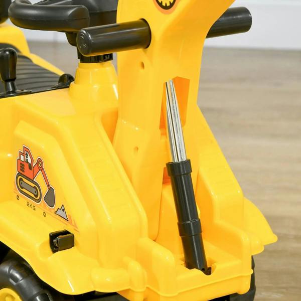 Close-up of yellow ride-on tractor pull cart front support rod and side panel details