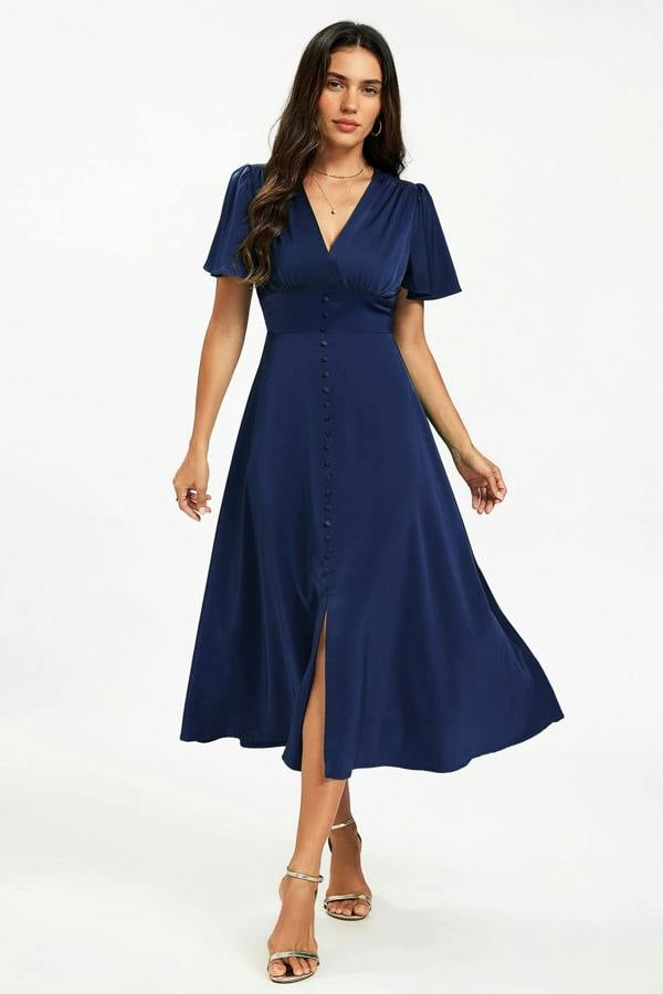 FS Collection Satin V neckline Button Detail Dress In Navy