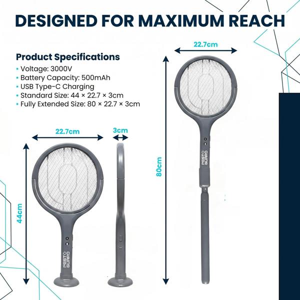Electric Bug Zapper Telescopic Fly Swatter Racket - USB Type C Rechargeable with Rotatable Head For Mosquito & Flying Insect Control
