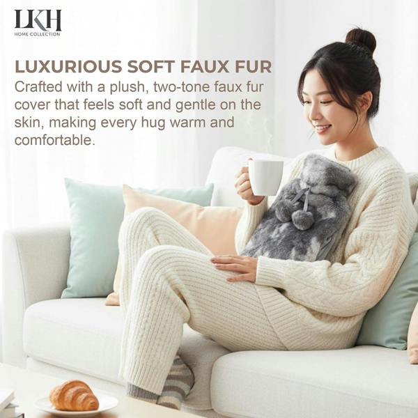 LKH HOME COLLECTION Hot Water Bottle with Cover UK 2L With Faux Fur & Pockets for Period Pain Relief Leak Resistant BPA Free Hot Bottle
