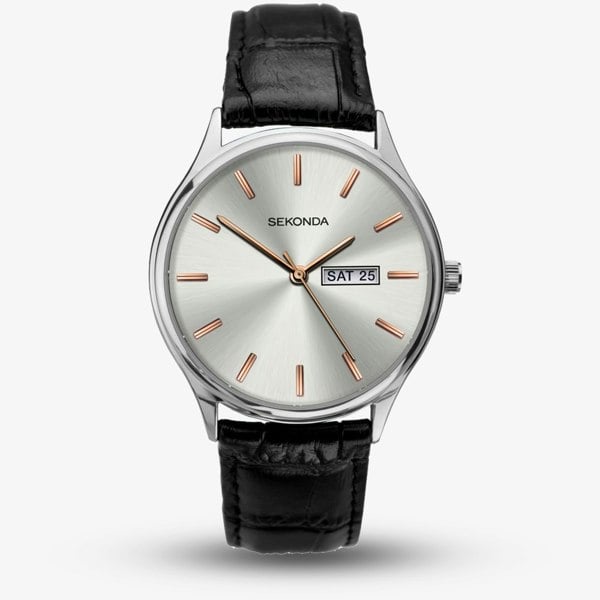 Sekonda Black Leather Silver and Rose-Gold Dial Strap Watch 1686