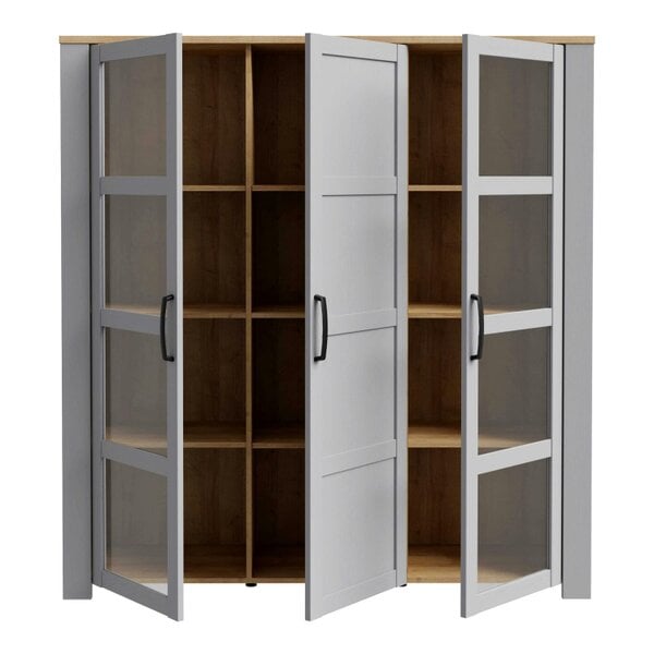 Wyld Haus Bramblecroft Grey and Natural Oak Wood Large Display Cabinet 3 Door