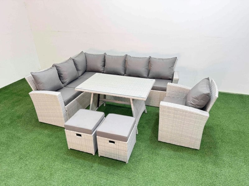 Fimous Garden Outdoor Rattan Furniture Set Rattan Corner Sofa Oblong Dining Table with Armchair Light Grey Mixed 9 Seater