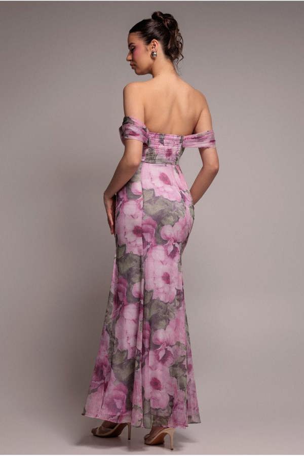 Cowl Neck Floral Print Jacquard Chiffon Maxi Dress - Blush Pink DR4583