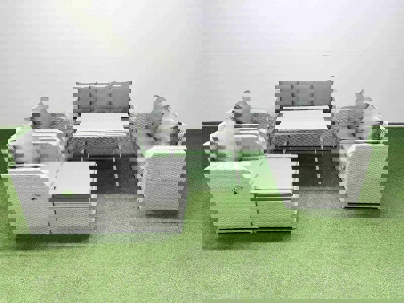 Fimous PE Rattan Garden Furniture Set Outdoor Rectangular Dining Table Sofa Set with Reclining Chair Big Stool Light Grey