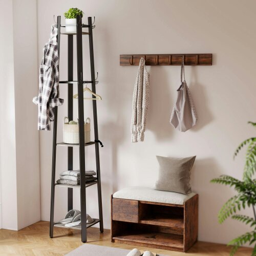 HOMCOM Industrial Coat Stand with 4 Storage Shelves and 8 Hooks Grey - Grey - 1 - Particleboard, Metal