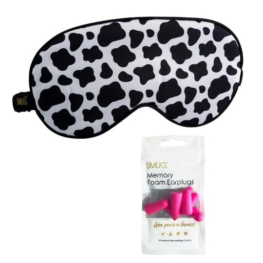 SMUG Satin Sleep Mask - Cow Print - Sleep Mask & Pink Earplugs