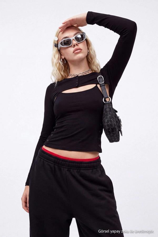 Fitted Crew Neck Bolero Detail Long Sleeve Blouse