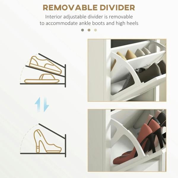 White shoe cabinet with removable divider for storing boots and heels