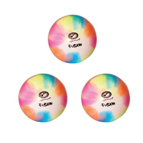 Three multi-colour tie-dye Optimum Fusion hockey balls with black logo, smooth surface, on white - Optimum