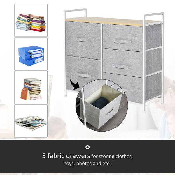 Wyld Haus Vepapa White Metal And Grey Fabric 5 Drawer Linen Basket Storage Unit With Natural Wooden Top Shelf