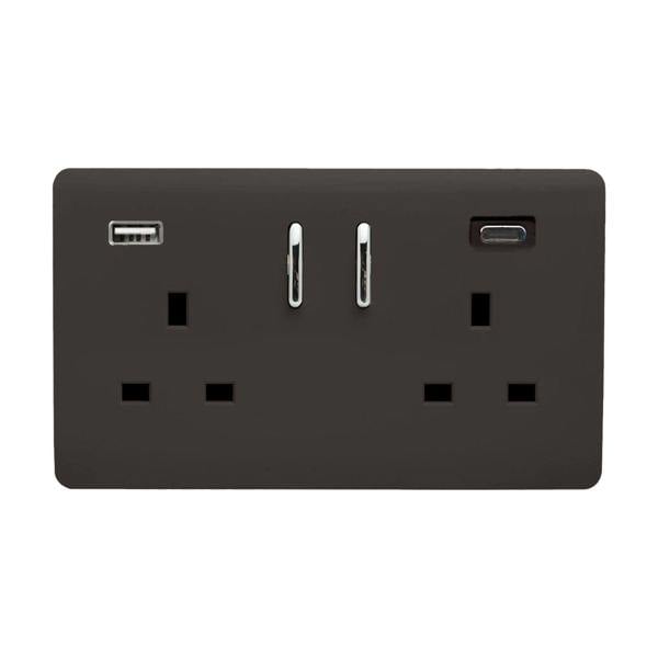 Trendi Switch 2 Gang USB 3100mA Type A & C USB Plug Socket in Dark Mocha Brown