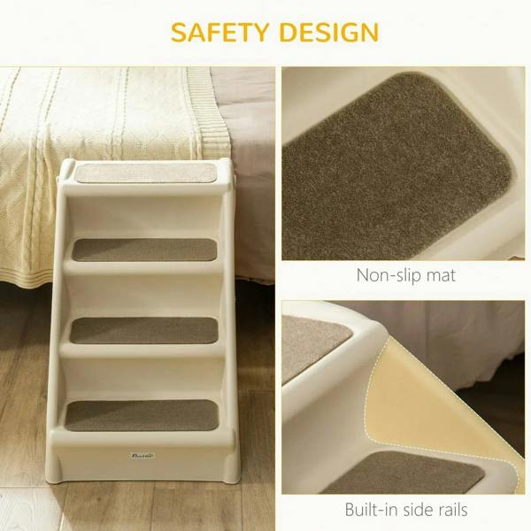 Beige pet stairs showing dark gray non-slip mat and built-in side rails